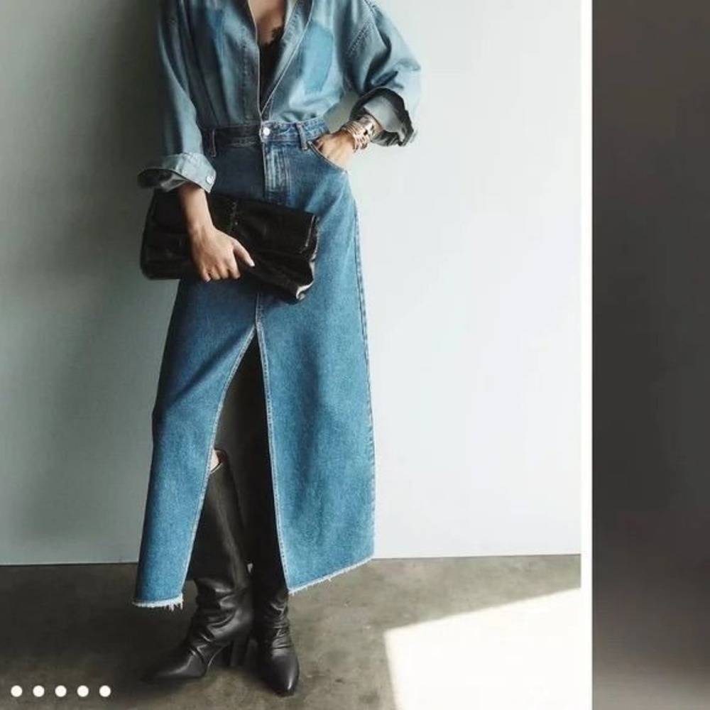 Womens High Waisted Denim Maxi Skirt Front Slit Raw Hem Medium Wash Blue Long